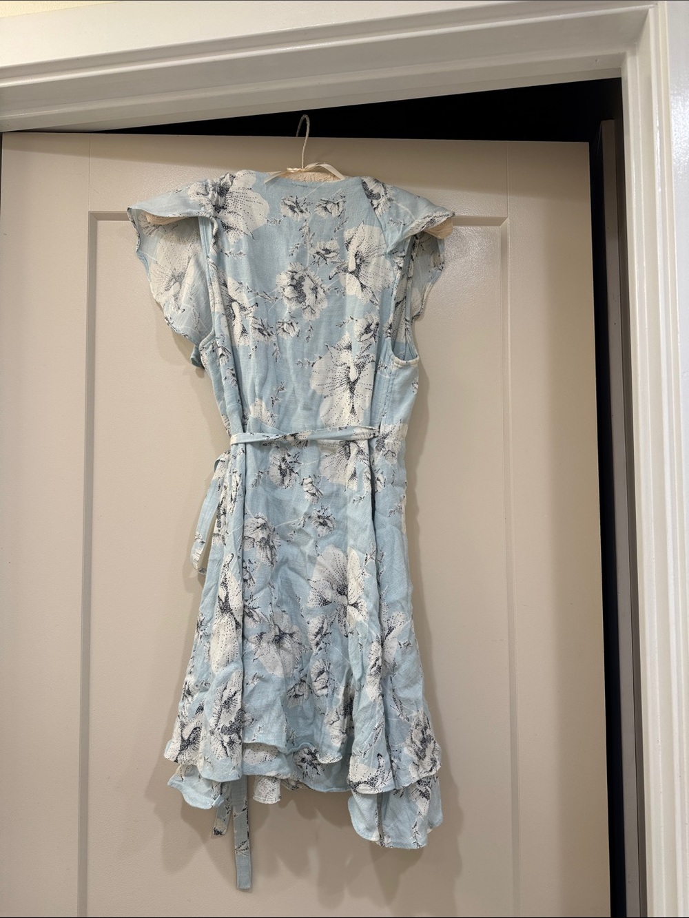 Free People French Quarter Light Blue Floral Ruffle Wrap Mini Dress - Picture 4 of 5